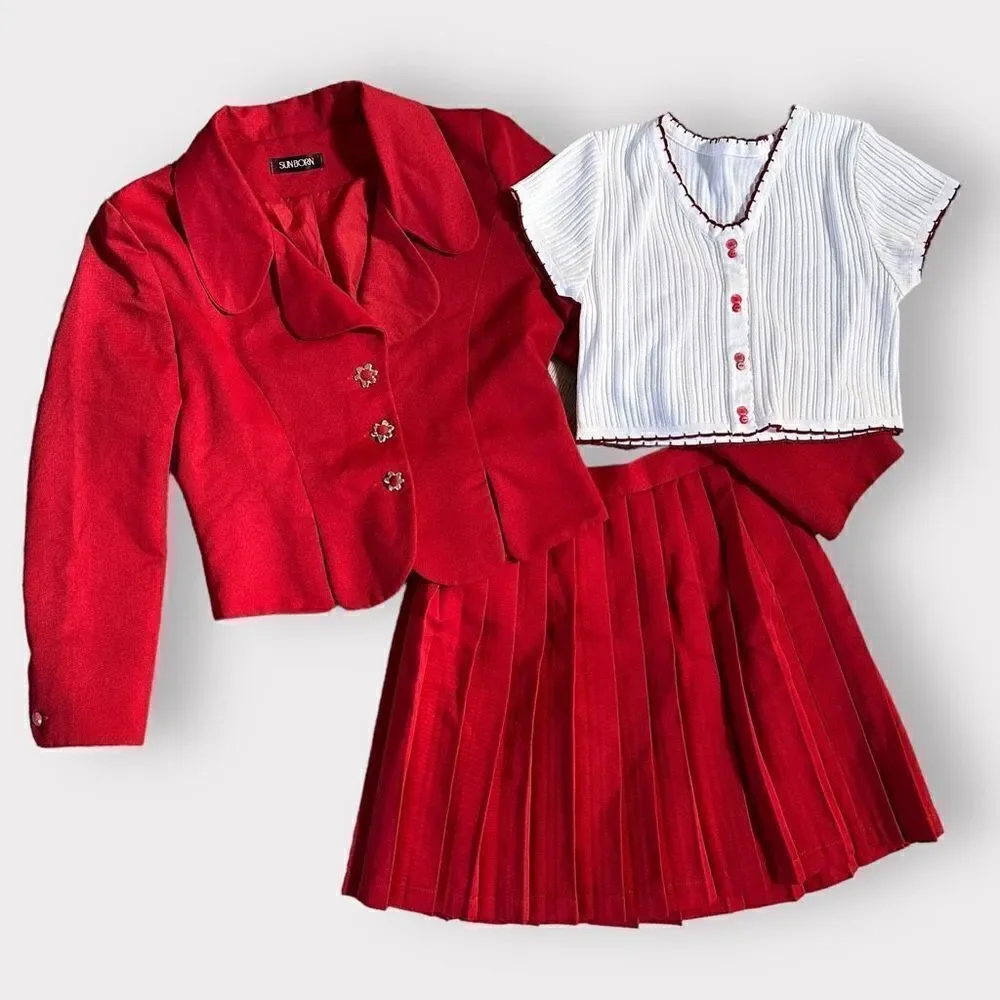 Set of 3 Blazer Pleated Skirt‎ Top Size XS/S Red White